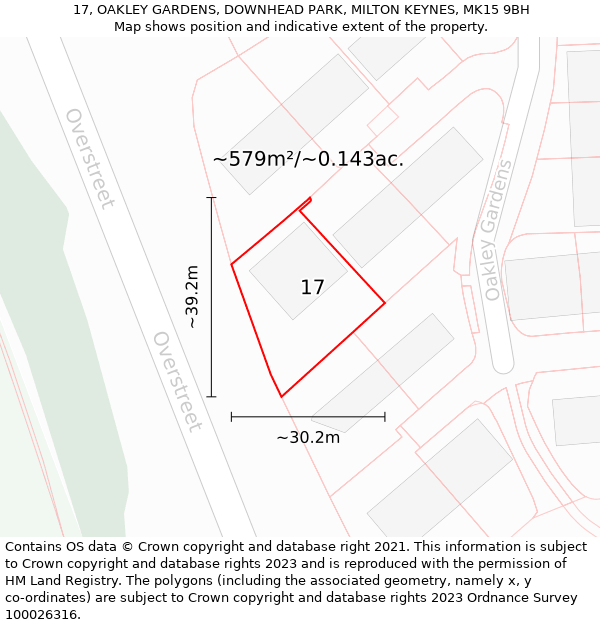 17, OAKLEY GARDENS, DOWNHEAD PARK, MILTON KEYNES, MK15 9BH: Plot and title map