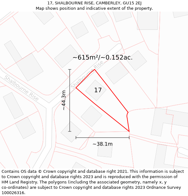 17, SHALBOURNE RISE, CAMBERLEY, GU15 2EJ: Plot and title map