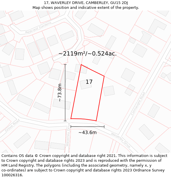 17, WAVERLEY DRIVE, CAMBERLEY, GU15 2DJ: Plot and title map