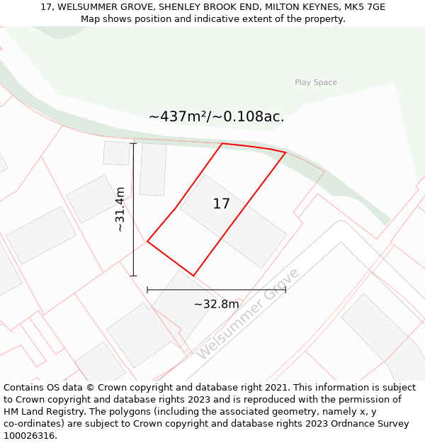 17, WELSUMMER GROVE, SHENLEY BROOK END, MILTON KEYNES, MK5 7GE: Plot and title map