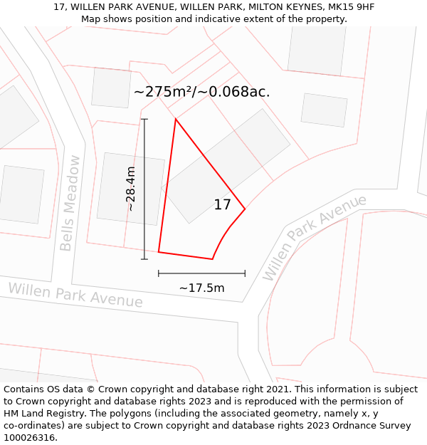 17, WILLEN PARK AVENUE, WILLEN PARK, MILTON KEYNES, MK15 9HF: Plot and title map