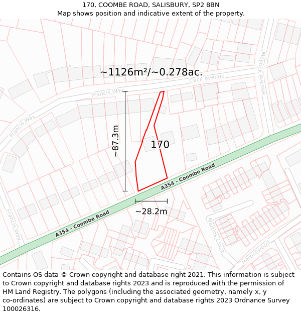 170, COOMBE ROAD, SALISBURY, SP2 8BN: Plot and title map