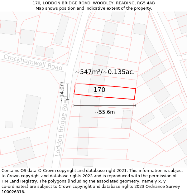 170, LODDON BRIDGE ROAD, WOODLEY, READING, RG5 4AB: Plot and title map