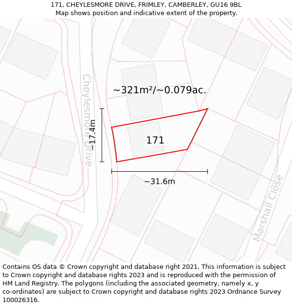 171, CHEYLESMORE DRIVE, FRIMLEY, CAMBERLEY, GU16 9BL: Plot and title map