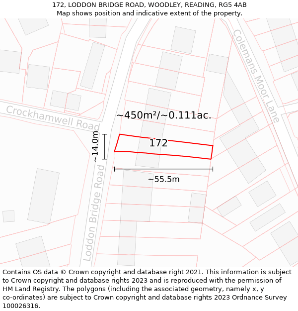 172, LODDON BRIDGE ROAD, WOODLEY, READING, RG5 4AB: Plot and title map