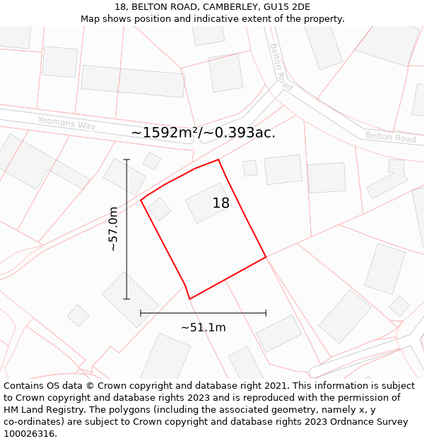 18, BELTON ROAD, CAMBERLEY, GU15 2DE: Plot and title map