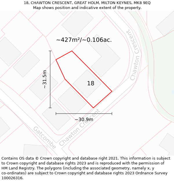 18, CHAWTON CRESCENT, GREAT HOLM, MILTON KEYNES, MK8 9EQ: Plot and title map