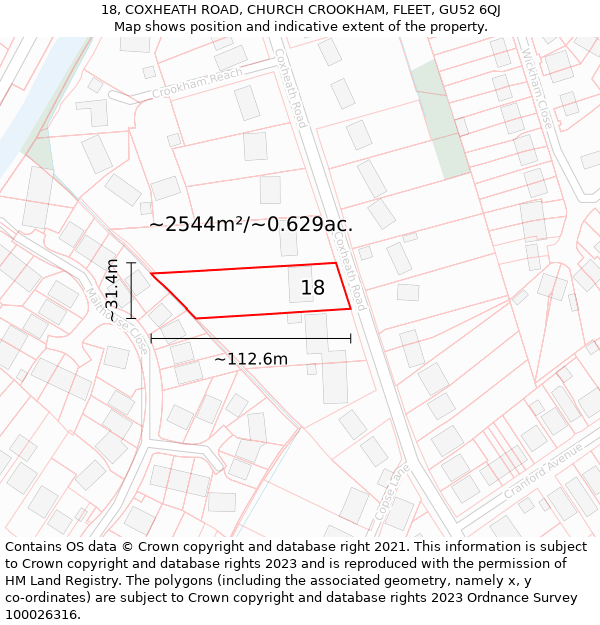 18, COXHEATH ROAD, CHURCH CROOKHAM, FLEET, GU52 6QJ: Plot and title map