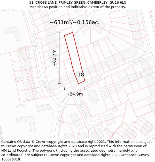 18, CROSS LANE, FRIMLEY GREEN, CAMBERLEY, GU16 6LN: Plot and title map