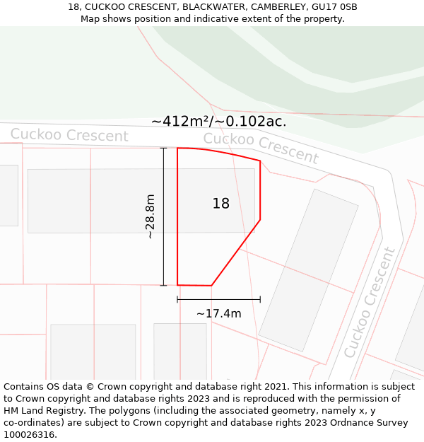 18, CUCKOO CRESCENT, BLACKWATER, CAMBERLEY, GU17 0SB: Plot and title map