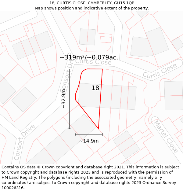 18, CURTIS CLOSE, CAMBERLEY, GU15 1QP: Plot and title map