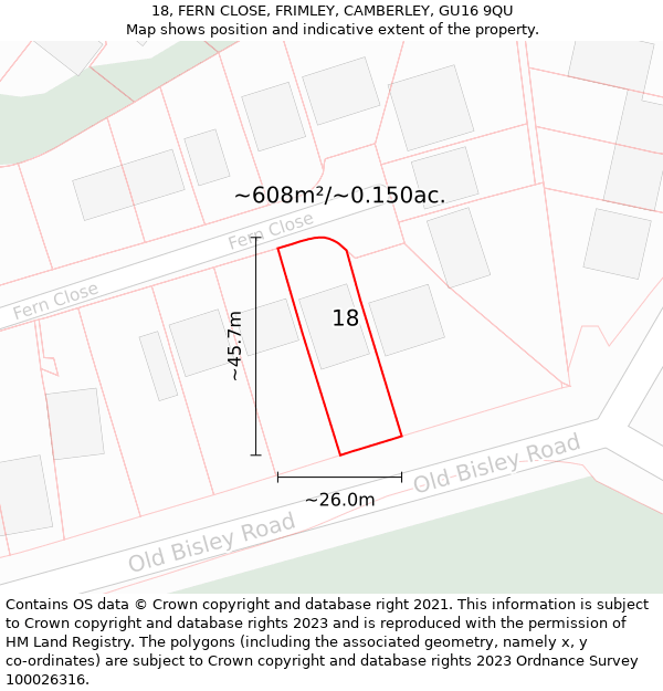 18, FERN CLOSE, FRIMLEY, CAMBERLEY, GU16 9QU: Plot and title map