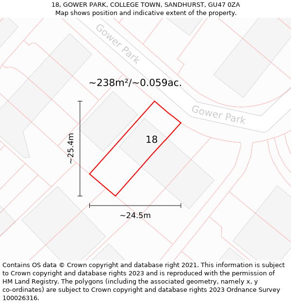 18, GOWER PARK, COLLEGE TOWN, SANDHURST, GU47 0ZA: Plot and title map