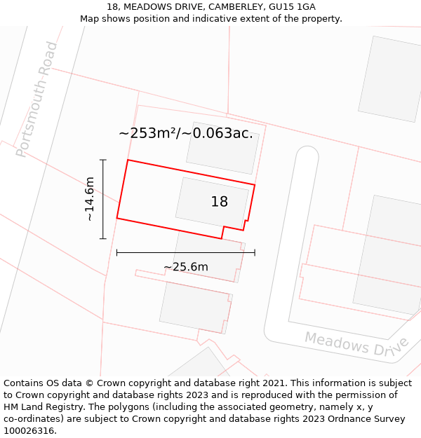 18, MEADOWS DRIVE, CAMBERLEY, GU15 1GA: Plot and title map