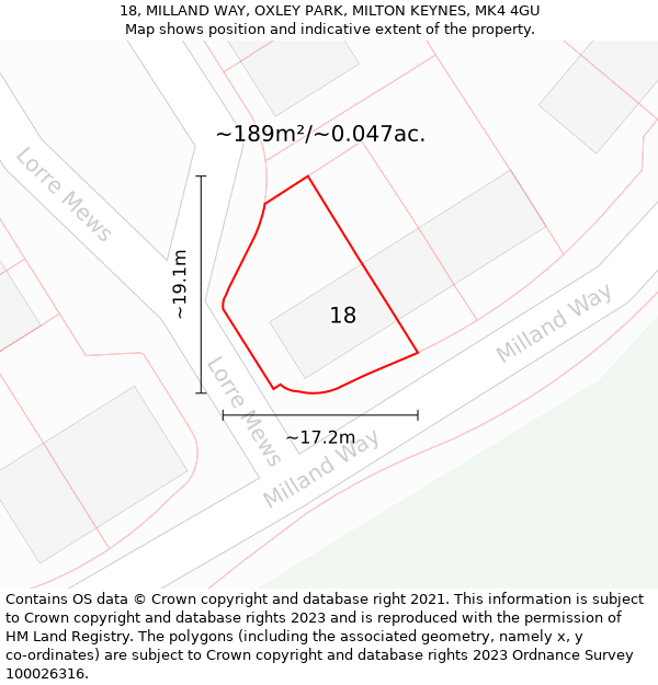 18, MILLAND WAY, OXLEY PARK, MILTON KEYNES, MK4 4GU: Plot and title map