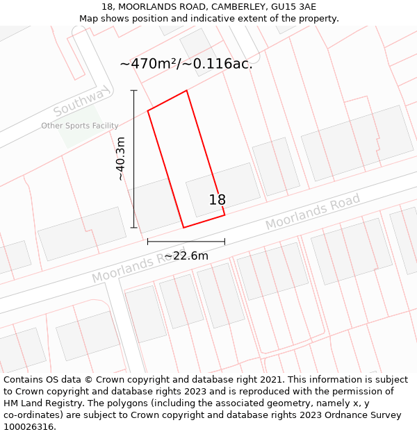 18, MOORLANDS ROAD, CAMBERLEY, GU15 3AE: Plot and title map