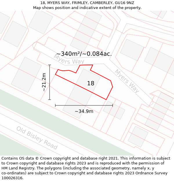 18, MYERS WAY, FRIMLEY, CAMBERLEY, GU16 9NZ: Plot and title map