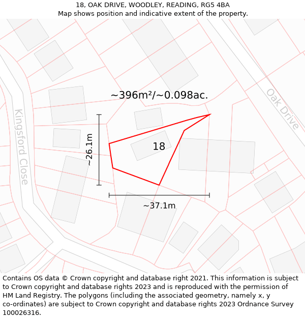 18, OAK DRIVE, WOODLEY, READING, RG5 4BA: Plot and title map