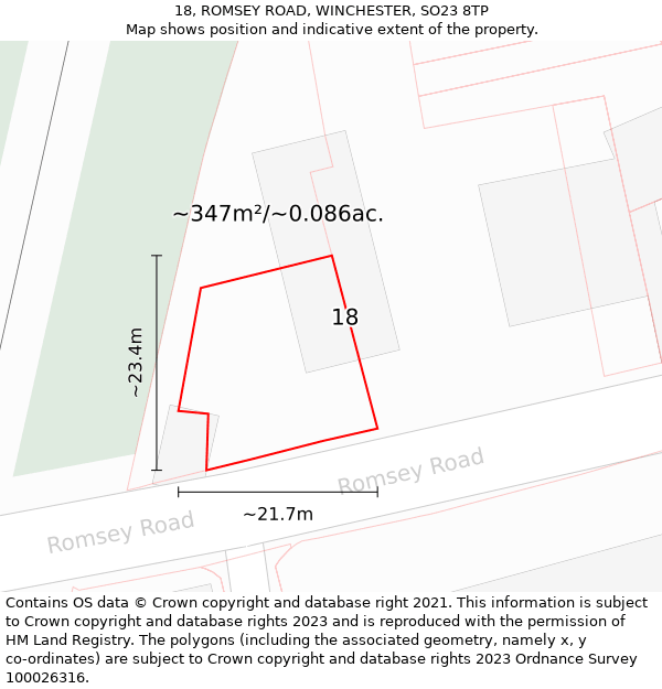 18, ROMSEY ROAD, WINCHESTER, SO23 8TP: Plot and title map