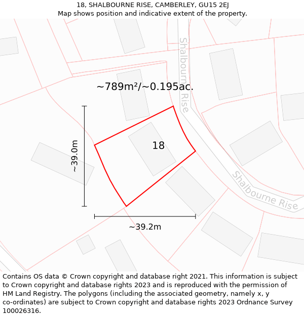 18, SHALBOURNE RISE, CAMBERLEY, GU15 2EJ: Plot and title map