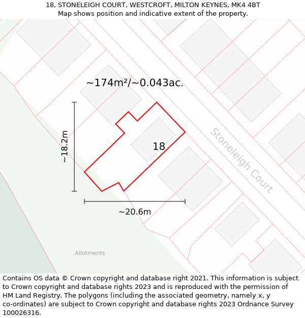 18, STONELEIGH COURT, WESTCROFT, MILTON KEYNES, MK4 4BT: Plot and title map