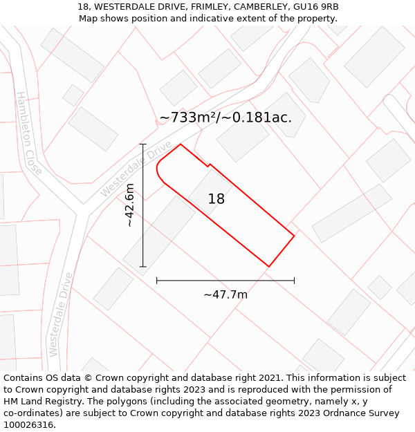 18, WESTERDALE DRIVE, FRIMLEY, CAMBERLEY, GU16 9RB: Plot and title map