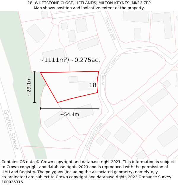18, WHETSTONE CLOSE, HEELANDS, MILTON KEYNES, MK13 7PP: Plot and title map