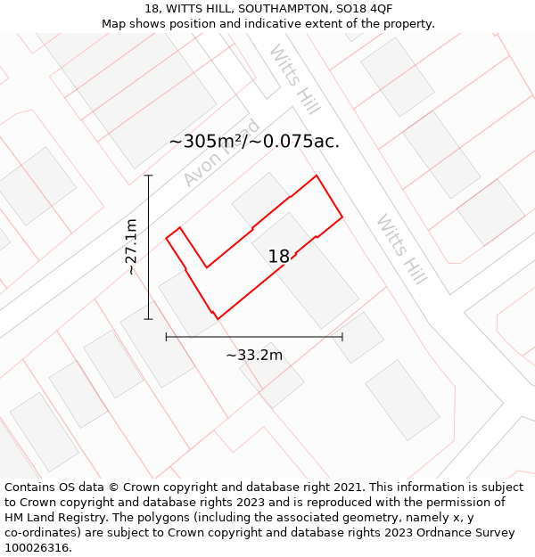 18, WITTS HILL, SOUTHAMPTON, SO18 4QF: Plot and title map