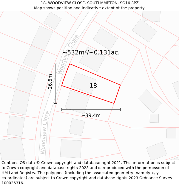 18, WOODVIEW CLOSE, SOUTHAMPTON, SO16 3PZ: Plot and title map