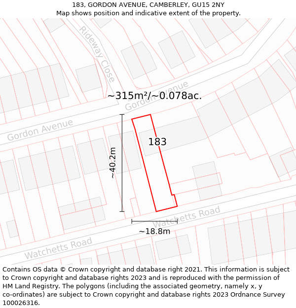 183, GORDON AVENUE, CAMBERLEY, GU15 2NY: Plot and title map