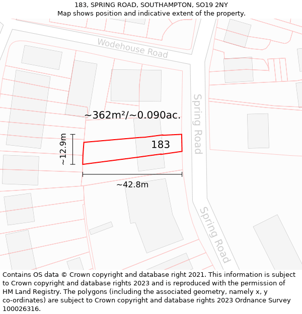 183, SPRING ROAD, SOUTHAMPTON, SO19 2NY: Plot and title map