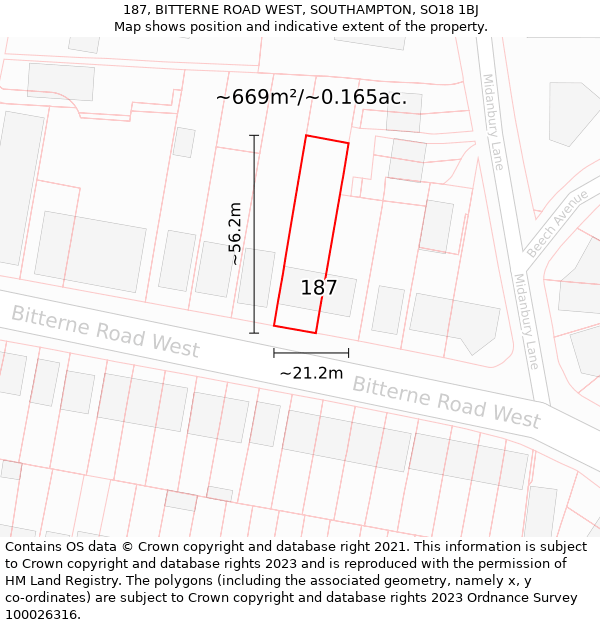 187, BITTERNE ROAD WEST, SOUTHAMPTON, SO18 1BJ: Plot and title map