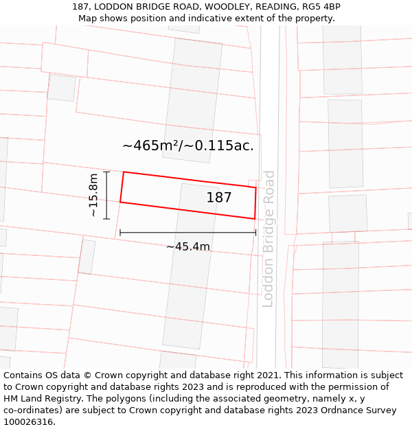 187, LODDON BRIDGE ROAD, WOODLEY, READING, RG5 4BP: Plot and title map