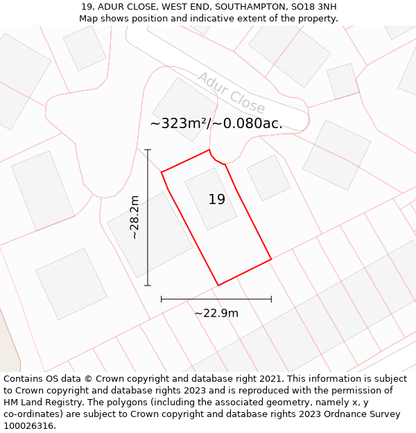 19, ADUR CLOSE, WEST END, SOUTHAMPTON, SO18 3NH: Plot and title map