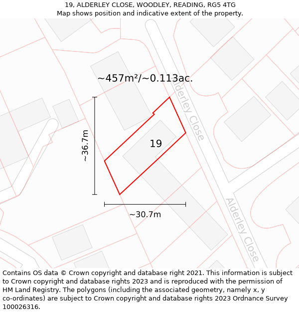 19, ALDERLEY CLOSE, WOODLEY, READING, RG5 4TG: Plot and title map