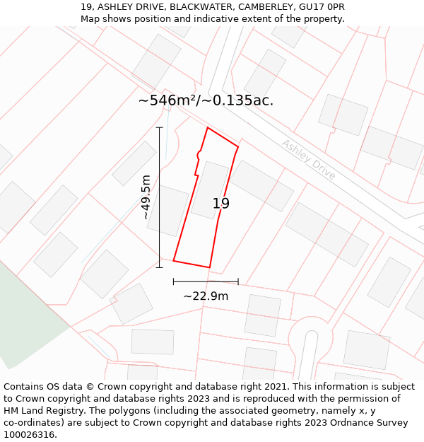 19, ASHLEY DRIVE, BLACKWATER, CAMBERLEY, GU17 0PR: Plot and title map