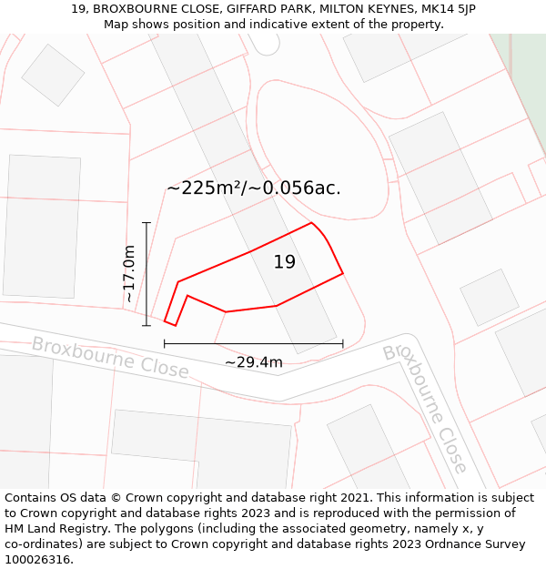 19, BROXBOURNE CLOSE, GIFFARD PARK, MILTON KEYNES, MK14 5JP: Plot and title map