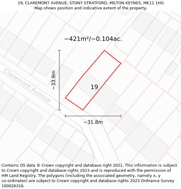 19, CLAREMONT AVENUE, STONY STRATFORD, MILTON KEYNES, MK11 1HG: Plot and title map