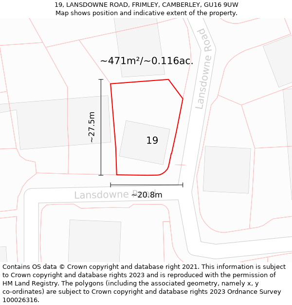 19, LANSDOWNE ROAD, FRIMLEY, CAMBERLEY, GU16 9UW: Plot and title map