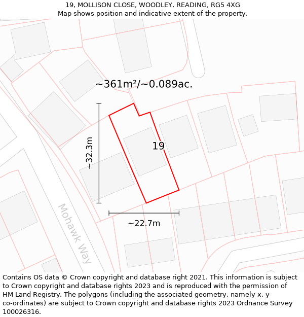 19, MOLLISON CLOSE, WOODLEY, READING, RG5 4XG: Plot and title map