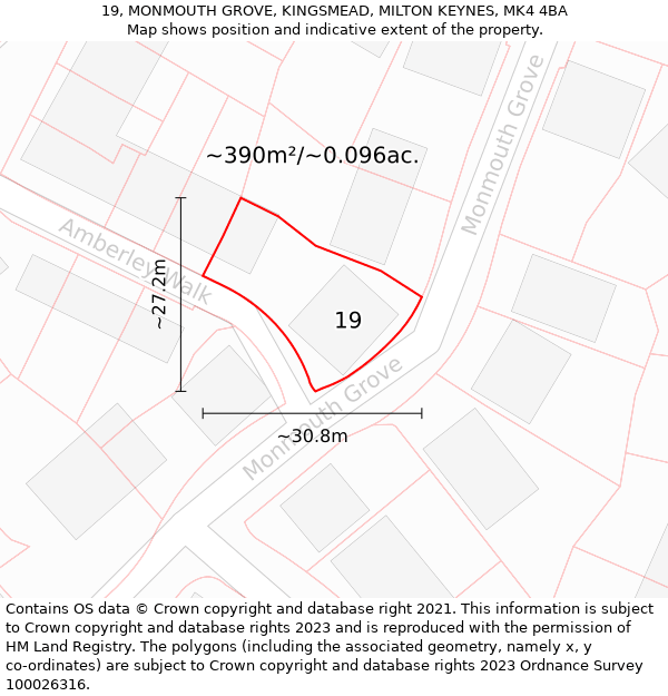 19, MONMOUTH GROVE, KINGSMEAD, MILTON KEYNES, MK4 4BA: Plot and title map