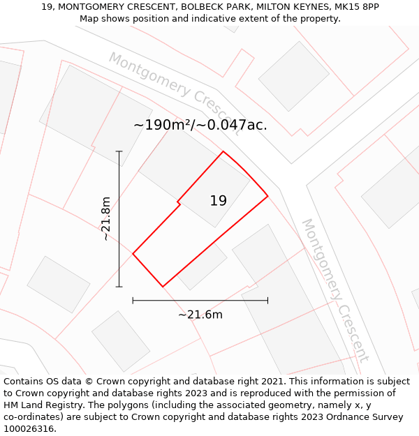 19, MONTGOMERY CRESCENT, BOLBECK PARK, MILTON KEYNES, MK15 8PP: Plot and title map