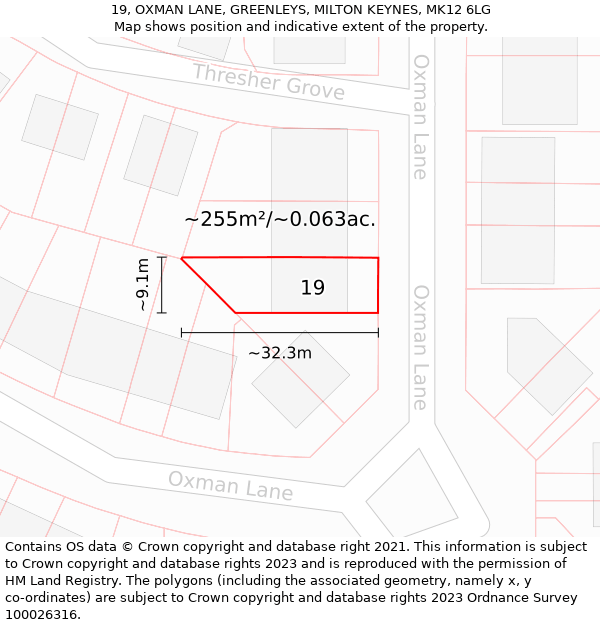 19, OXMAN LANE, GREENLEYS, MILTON KEYNES, MK12 6LG: Plot and title map