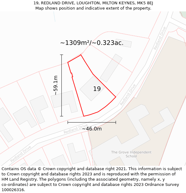 19, REDLAND DRIVE, LOUGHTON, MILTON KEYNES, MK5 8EJ: Plot and title map