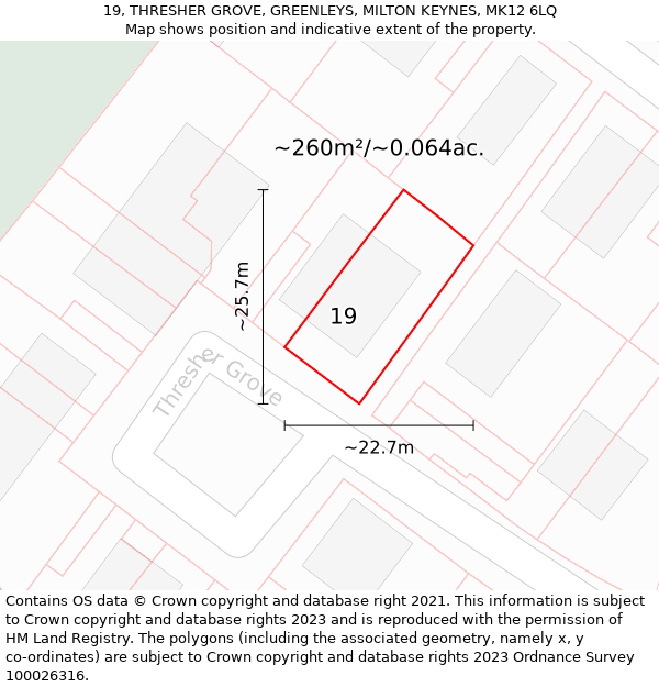 19, THRESHER GROVE, GREENLEYS, MILTON KEYNES, MK12 6LQ: Plot and title map