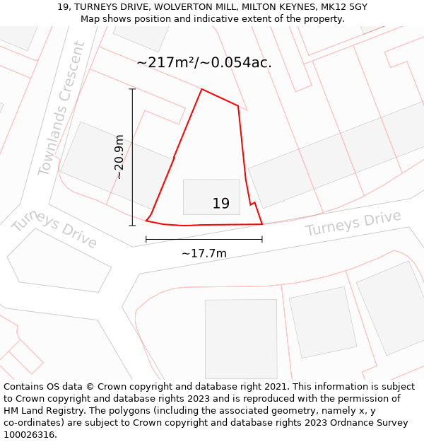 19, TURNEYS DRIVE, WOLVERTON MILL, MILTON KEYNES, MK12 5GY: Plot and title map