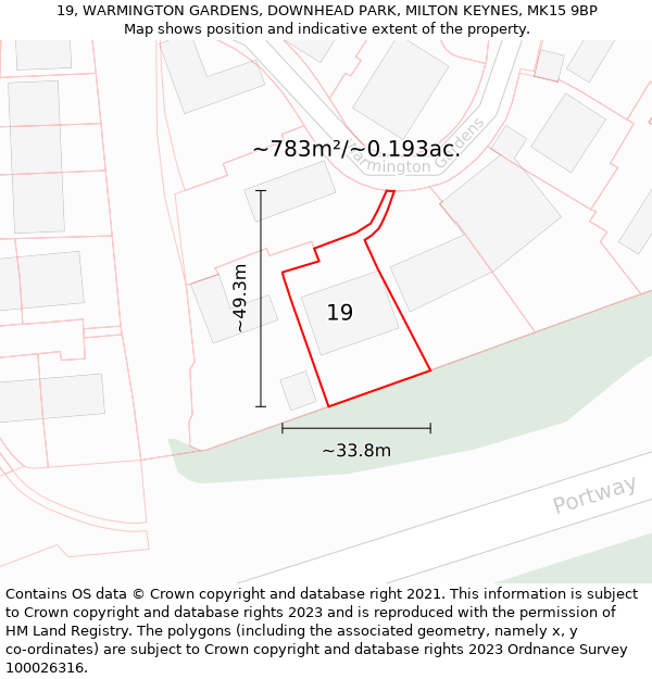 19, WARMINGTON GARDENS, DOWNHEAD PARK, MILTON KEYNES, MK15 9BP: Plot and title map