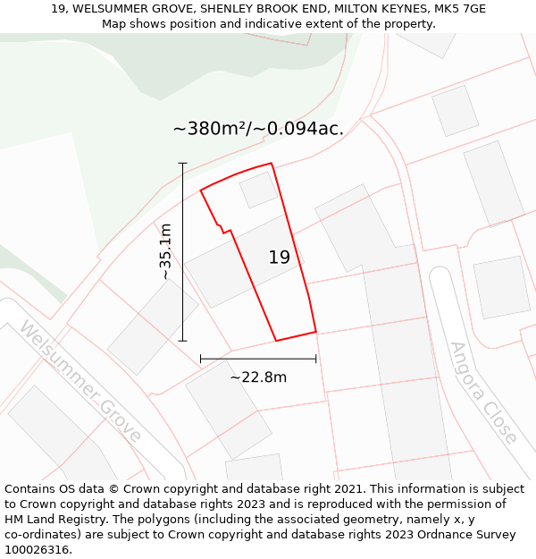 19, WELSUMMER GROVE, SHENLEY BROOK END, MILTON KEYNES, MK5 7GE: Plot and title map