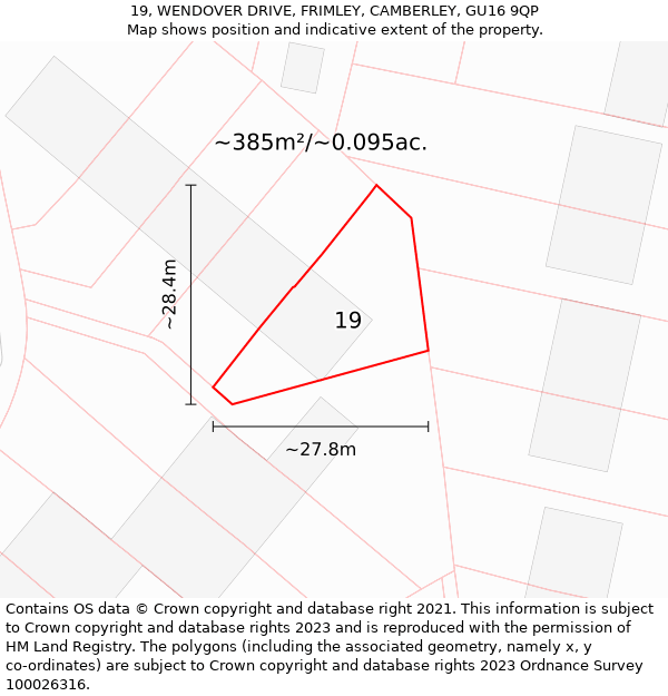 19, WENDOVER DRIVE, FRIMLEY, CAMBERLEY, GU16 9QP: Plot and title map