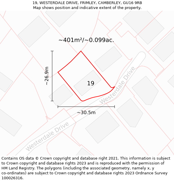 19, WESTERDALE DRIVE, FRIMLEY, CAMBERLEY, GU16 9RB: Plot and title map